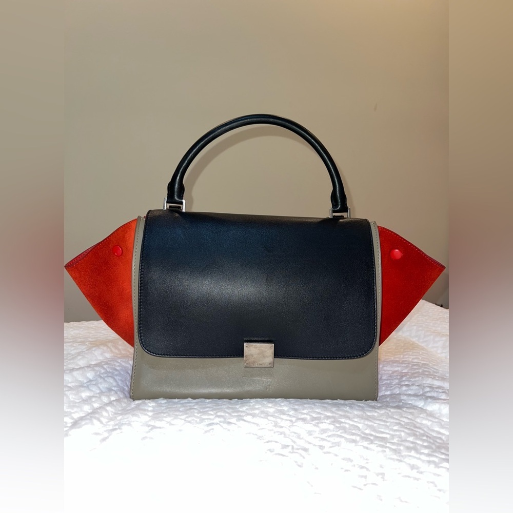 Céline Trapeze Bag Tri-Color Leather & Suede (Black/Grey/Red) W/COA